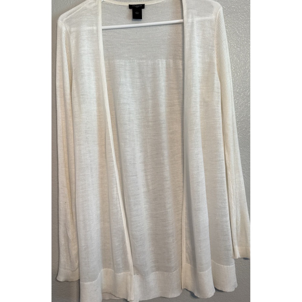 Ann Taylor Cardigan Sweater Large Cream Ramie Rayon Open Front Sheer Longline
